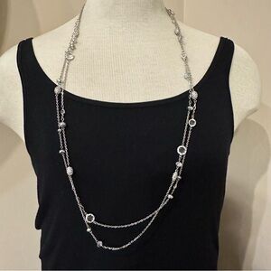 White House Black Market Necklace silver layered w/ rhinestones, glass bezel set